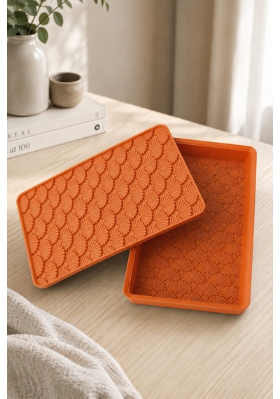 Desenli Kapaklı Dekoratif Kutu Masa Üstü Organizer Takı Aksesuar Saklama Kutusu Pla 20x12.5 Cm Turuncu