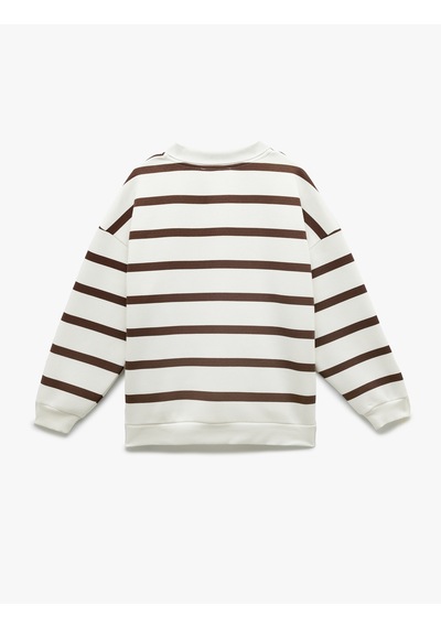 Koton Şardonlu Polo Yaka Çizgili Oversize Sweatshirt Kahverengi Çizgili 6wal10230ık Kahve Çizgili