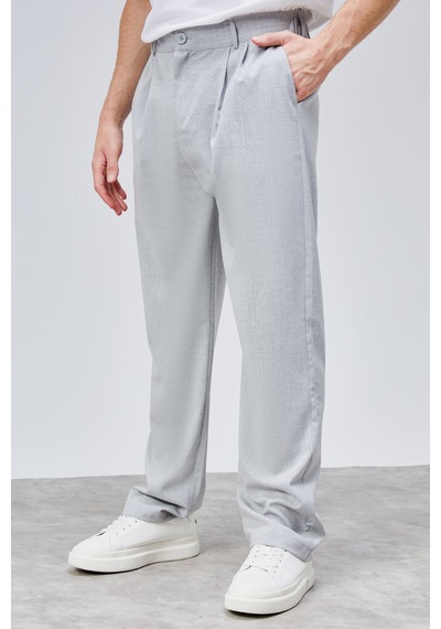 HLT Jeans Erkek Gri Çift Pileli Rahat Kesim Beli Lastikli Bol Paça Baggy Pantolon Albert-1990 Gri