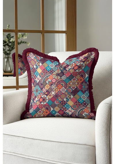 Etnik Patchwork Saçaklı Yastık Kılıfı - Bohem Çiçekli Mor Turkuaz Püsküllü Kırlent Kılıfı Doygun Deniz Kabak Etnik Patchwork Saçaklı Yastık Kılıfı - Bohem Çiçekli Mor Turkuaz Püsküllü Kırlent Kılıfı Doygun Deniz Kabak