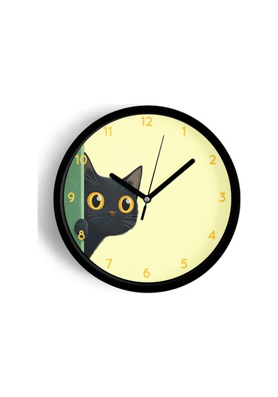 Sevimli Siyah Kedi Modern Duvar Saati - 30cm - Önü Camlı Siyah Kasa - Sessiz Mekanizma-jh1185 Siyah