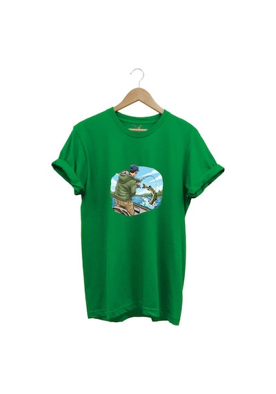 Avcılık Fishing Teknede Olta İle Balık Tutmak Baskılı %100 Pamuk Regular Fit Bisiklet Yaka T-shirt Yeşil