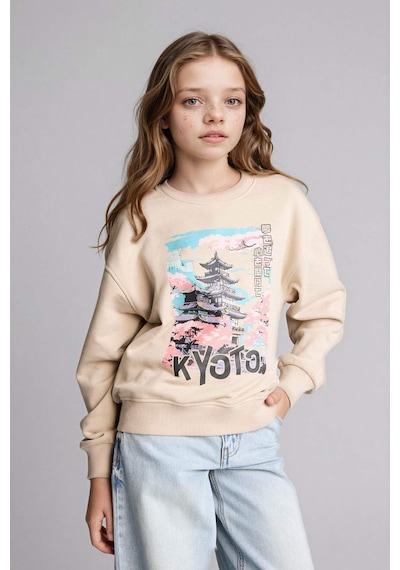 Defacto Kız Çocuk Relax Fit Bisiklet Yaka Baskılı Sweatshirt E6843a825wnbg187 Bej-bg187