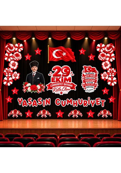 29 Ekim Cumhuriyet Bayramı Hazır Kesim Sahne Boy Pano Süsü 3,5 X 2,5 M Uyumlu Tüm Yaşlar
