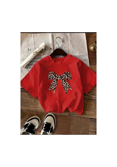 Medinenur Leopar Desenli Kurdele Detaylı Basic T-shirt Kırmızı