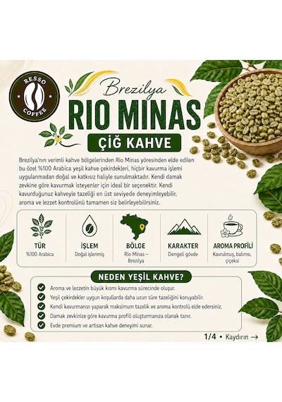 Resso Coffee Avantaj Brezilya %100 Arabica Yeşil & Çiğ Kahve Çekirdeği 1 KG