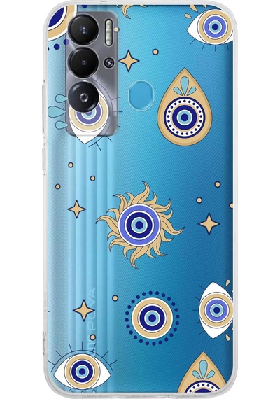 Teco Pova Neo İle Uyumlu 1mm Slim Fit Nazar Boncuğu 5 Baskılı Şeffaf Kılıf Şeffaf