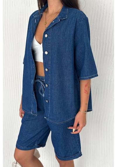 Noa & Noa Kadın Denim Gömlek & Short Takım Sportif & Modern Stil Mavi