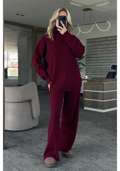 Laluvia Bordo Boğazlı Fitilli Triko Takım - 4671 Bordo