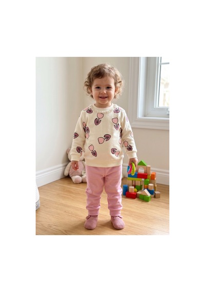 Deniva Kids Kız Bebek Lale Desenli İncili Pamuklu Sweatshirt Ve Eşofman Altı İkili Takım Pembe