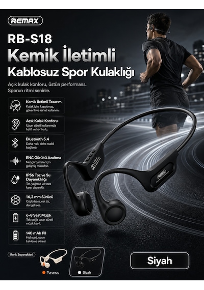 Remax Rb-s18 Kemik İletimli Bluetooth 5.4 Kablosuz Spor Kulaklığı - Açık Kulak Tasarımlı Rb-s18 Siyah