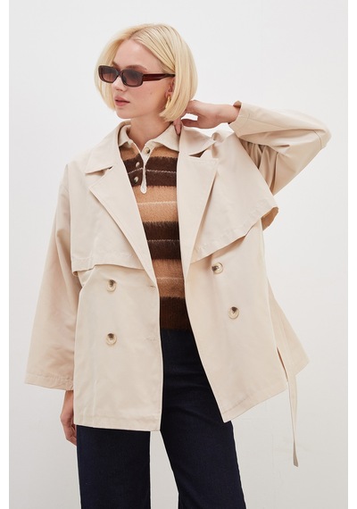 Fullamoda Pelerinli Kuşaklı Geniş Kol Oversize Trençkot Bej