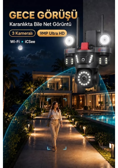 İcsee 9003 9mp 3 Lens Wifi Güvenlik Kamerası, Motorlu Gece Görüşlü Dış Mekan Kamera, 32gb Kart Ve Adaptör