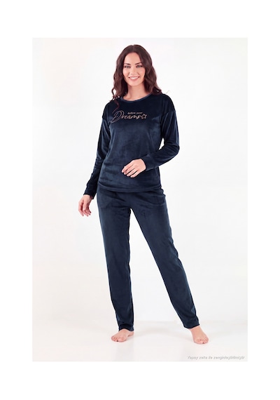 Lela Bisiklet Yaka Yumuşak Dokulu Parlak Kadife Pijama Takımı Kadın Pijama Takımı 6094209 Lacivert