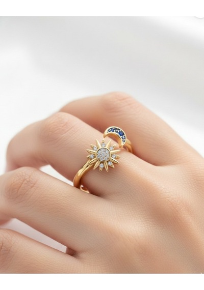 Çekirdekjewelry 925 Ayar Gümüş Ayarlanabilir Ay & Güneş Yüzük Sarı