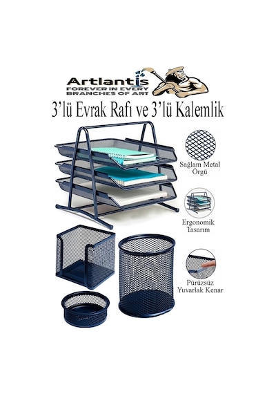 Lacivert Metal Evrak Rafı 3 Lü Ve Masaüstü Kalemlik 3 Lü 1 Paket Masaüstü A4 Dosya 3 Katlı Düzenleyici Kağıt Tepsisi