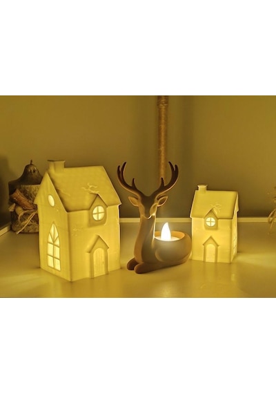 Kış Evleri Geyik Mumluk Noel Yılbaşı Süsü Dekoratif Biblo Tealight Mumluk Seti Mumlar Dahildir