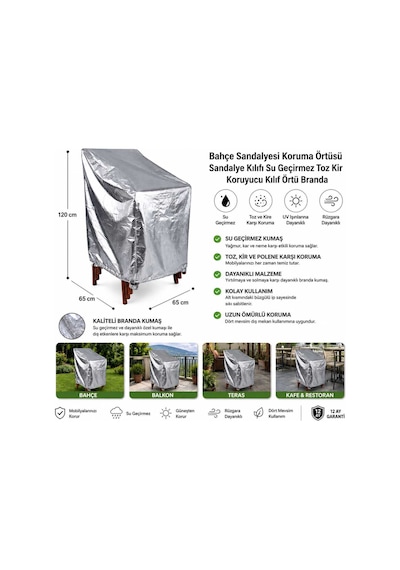 Bahçe Sandalyesi Koruma Örtüsü 65x65x120 Cm Metalize Su Geçirmez Dış Mekan Sandalye Kılıfı Gri