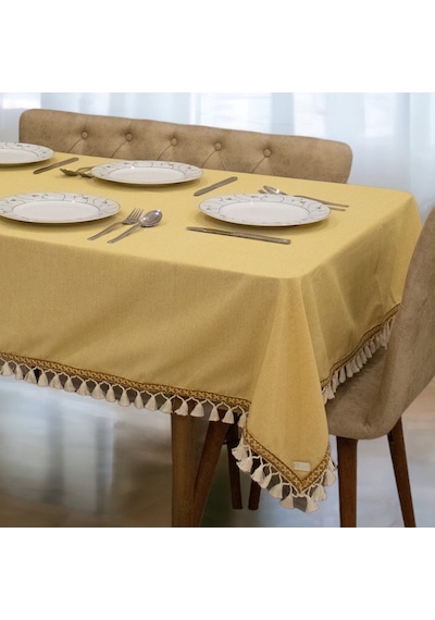 Dnc Home Tekstil  Sarı Pamuk Keten Kahverengi Şerit Ponponlu Masa Örtüsü