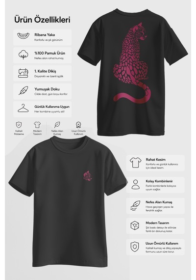 Spoyi Panter Silüeti Tasarımlı %100 Pamuk Yarım Oversize Siyah T-shirt