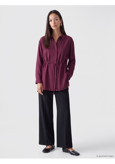 Lcw Everyday Bordo Beli Bağcıklı Çizgili Kadın Gömlek Tunik
