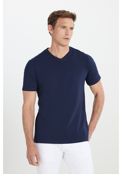 Ac&Co / Altınyıldız Classics Slim Fit Dar Kesim V Yaka Pamuklu Erkek Tişört Lacivert