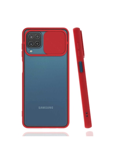 Noktaks - Samsung Galaxy Uyumlu A12 - Kılıf Slayt Sürgülü Arkası Buzlu Lensi Kapak - Kırmızı