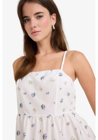 Defacto Kare Yaka Floral Poplin Askılı Midi Elbise F8909ax25auwt32 Beyaz