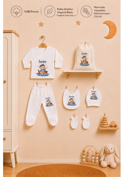 Pia Baby Erkek Bebek Hastane Çıkışı İsme Özel 6'lı Zıbın Takımı %100 Pamuk Organik Baskılı Yeni Bebek Hediyesi 1102zk3x Ekru