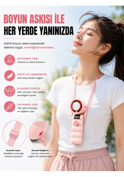 199 Kademeli Şarjlı El Vantilatörü Soğutmalı Mini Fan Dijital Ekranlı Type-c Şarjlı Taşınabilir El Fanı Boyun Askılı Pembe