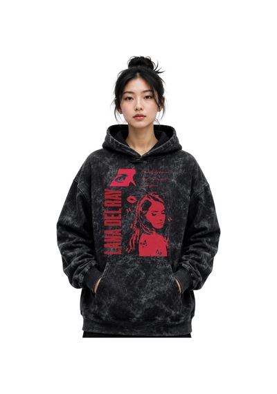 Sevbano Lana Del Rey Şarkıcı Baskılı Unisex Oversize Yıkamalı Premium Hoo Siyah