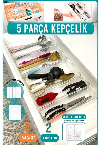 5 Parça Modüler Kepçelik Organizer Şeffaf Çekmece İçi Düzenleyici Şeffaf