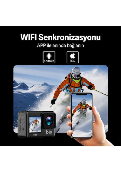 Bix Pulse 1 Wi-fi 4k 30fps Ultra Hd Aksiyon Kamerası Çift Ekranlı 30 Metre Su Geçirmez Kılıflı Vlog Bisiklet Motosiklet Kask Kamerası Siyah