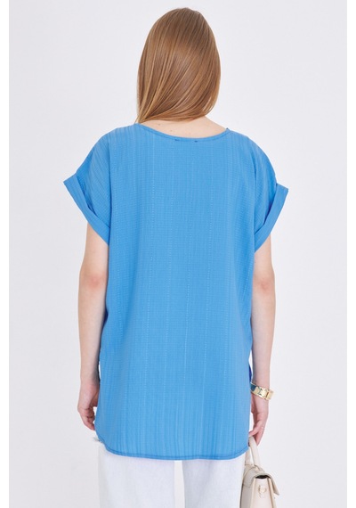 Armonika Kadın Mavi V Yaka Yanları Yırtmaçlı Arkası Uzun Duble Kol Detaylı Oversize Bluz Arm-24y001074