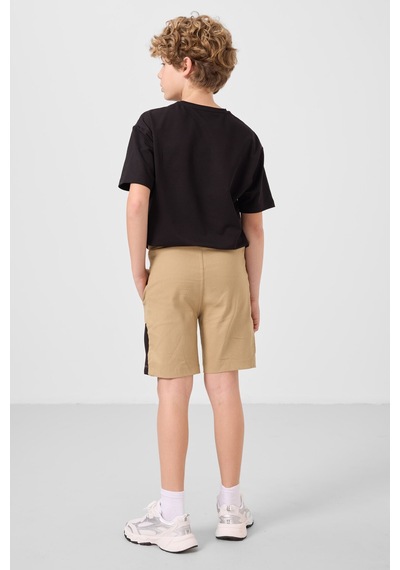 Siyah-koyu Bej Pamuklu Oversize Fit Dokuma Hafif Esnek Chino Erkek Çocuk Şort Takım - 11275 Siyah