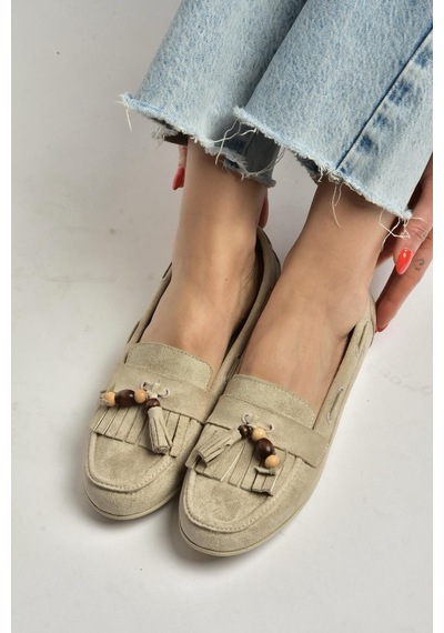 Fox Shoes Y602347002 Bej Süet Püsküllü Kadın Günlük Ayakkabı Bej