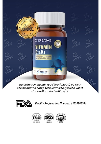 Erbatab D3 Vitamini Ve K2 Vitamini İçeren Takviye Edici Gıda 120 Tablet Erbatab D3 Vitamini Ve K2 Vitamini İçeren Takviye Edici Gıda 120 Tablet