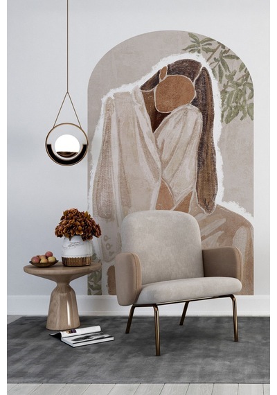 Kendiliğinden Yapışkanlı Kumaş Kanvas Dokulu Duvar Kağıdı Bohem Soyut Kadın Boho Oval Duvar , Salon Renkli
