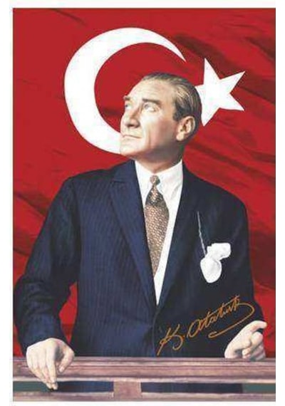 Göğe Bakan Gazi Mustafa Kemal Atatürk İmzalı Portre - Sivil Türk Bayrağı Poster - Bayrak 100x150 Cm 1