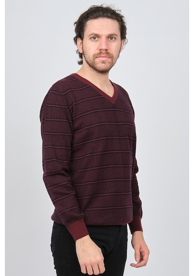 Desen Triko Erkek V Yaka Desenli Saf Yün Kazak 0246569 Bordo Bordo