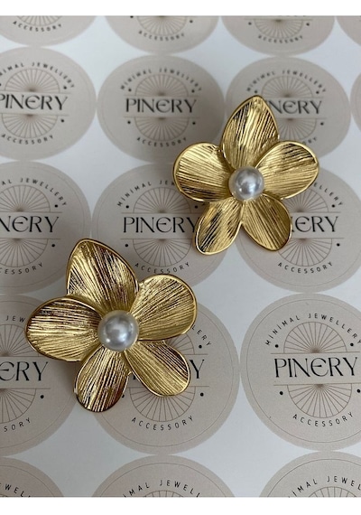 Pinery Jewels Top İncili Yaprak Paslanmaz Çelik Kadın Küpe Çifti Altın