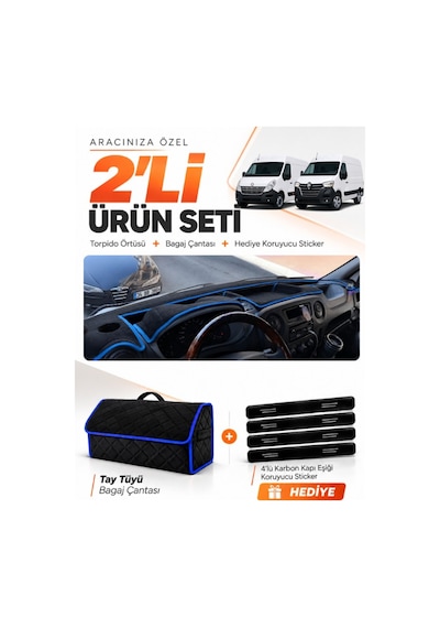 E-biz Renault Master 2011-2021 Uyumlu Torpido Örtüsü + Tay Tüyü Bagaj Çantası - Siyah-mavi - Re037