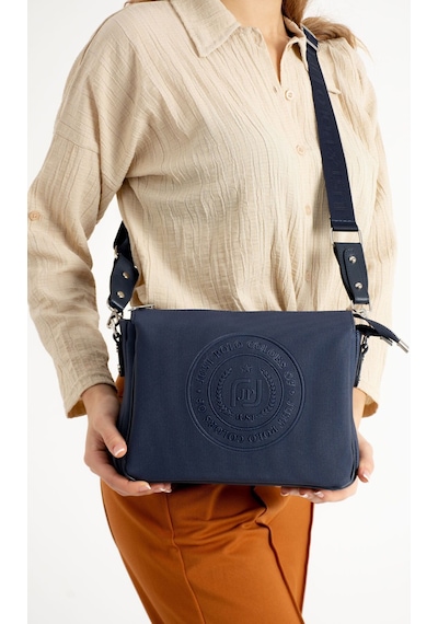 Just Polo Kadın Üç Bölmeli 3 Gözlü Lakoste Kumaş Çapraz Ve Omuz Çantası 29x20cm Lacivert