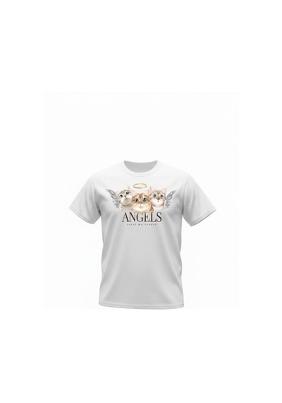 Urbantrendstore Unisex Melek Kediler Angels Cat Oversize Fit Rahat Geniş Salaş T-shirt Günlük Tişört Beyaz