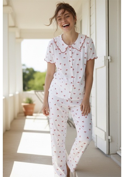 Siyah İnci Yakalı Düğmeli Fitilli Kaşkorse Örme Pijama Takım 26120503 Beyaz