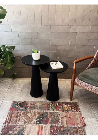 2'li Zigon Mantar Sehpa Mushroom Masif Ahşap Modern Yan Sehpa Takımı Siyah
