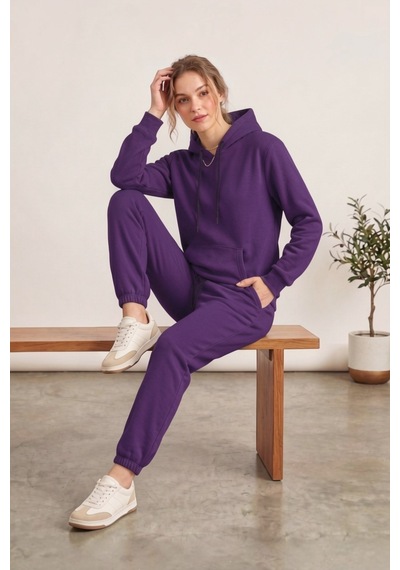 Moibody Kadın 3 İplik Şardonlu Eşofman Takımı Premium Kapüşonlu Sweatshirt Ve Jogger Alt Mor Mor