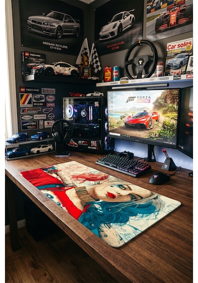 Harley Quinn Kırmızı Mavi Blueprint 40x90 Cm Oyuncu Mousepad Kaymaz Taban Büyük Boy Mousepad Siyah