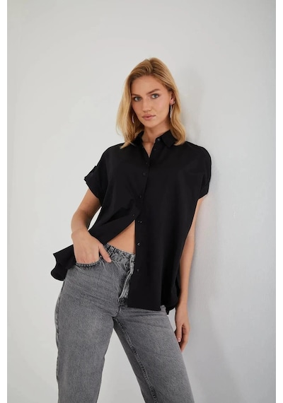 Mixray 3967 Kadın Apoletli Kısa Kol Oversize Gömlek Siyah