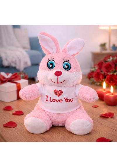 I Love You Tişörtlü Sevimli Pembe Peluş Tavşan Belirtilmemiş